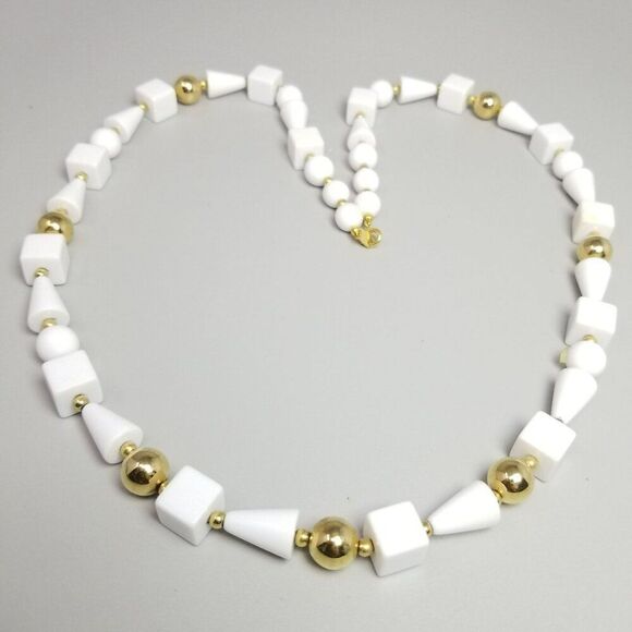 Vintage Trifari White and Gold Tone Long Plastic Beaded Necklace, Funky Shapes - Picture 1 of 8